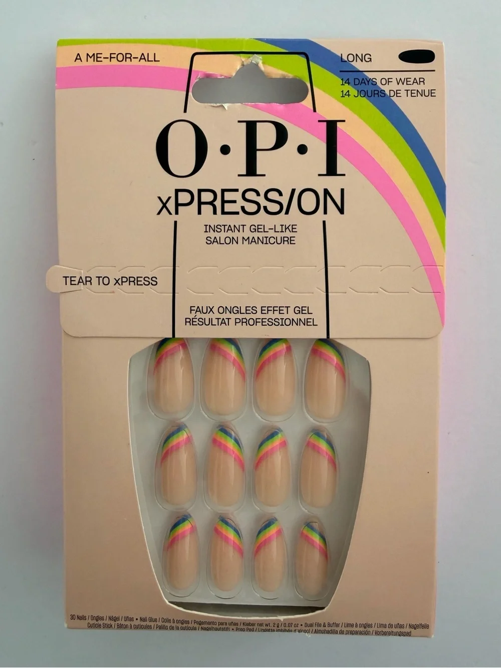 OPI Nude Press-On Nails with Pink, Green, Blue & Yellow Rainbow Tips